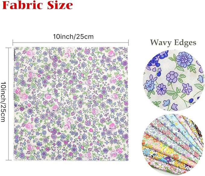 22Pcs 10" Fabric Squares No Repeat Precut Cotton,Wavy Edge Quilting Supplies,DIY Sewing Color Analysis Draping Kit Material Assorted Floral