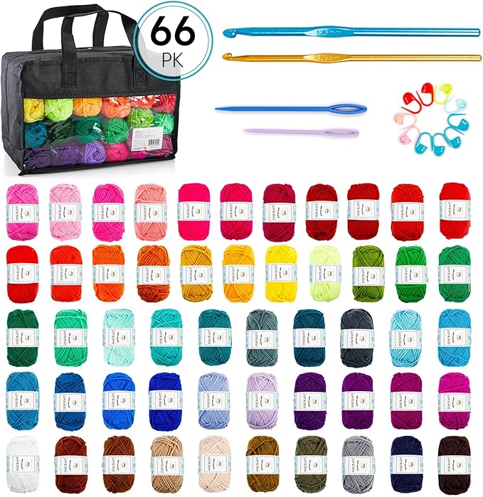 inscraft 52 acrylic yarn skeins, 1820 yards 52 colors, 2 crochet hooks, 2 weaving needles, 10 stitch markers, 1 bag, for crocheting & knitting, gift beginners and adults