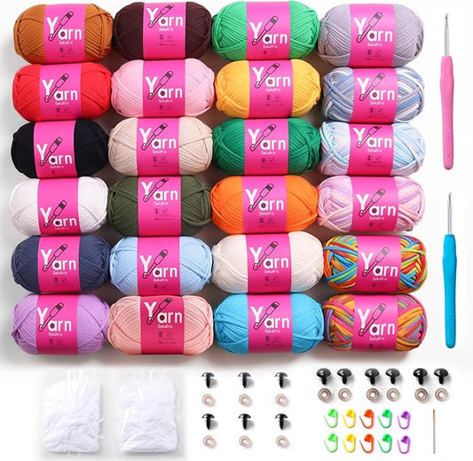 24 Pack Crochet Yarn - Beginner Cotton Chunky Yarn - Black, White, Orange, Red, Green, Rainbow, Pink, Yellow - Easy-to-See Stitches for Crocheting (24 * 50g)