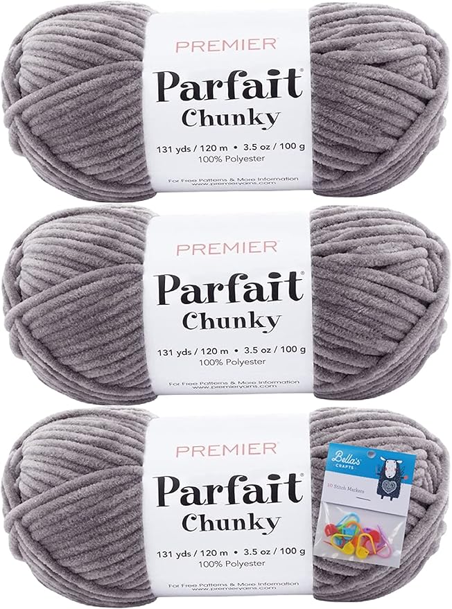 Premier Yarns Parfait Chunky Chenille Yarn 3.5 Oz 6 Super Bulky Weight 3 Pack Bundle with Bella's Stitch Place Holders (Seal)