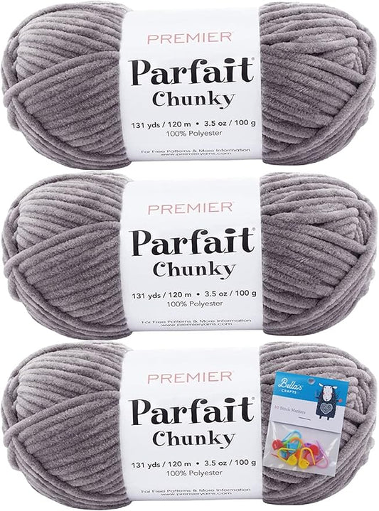 Premier Yarns Parfait Chunky Chenille Yarn 3.5 Oz 6 Super Bulky Weight 3 Pack Bundle with Bella's Stitch Place Holders (Seal)
