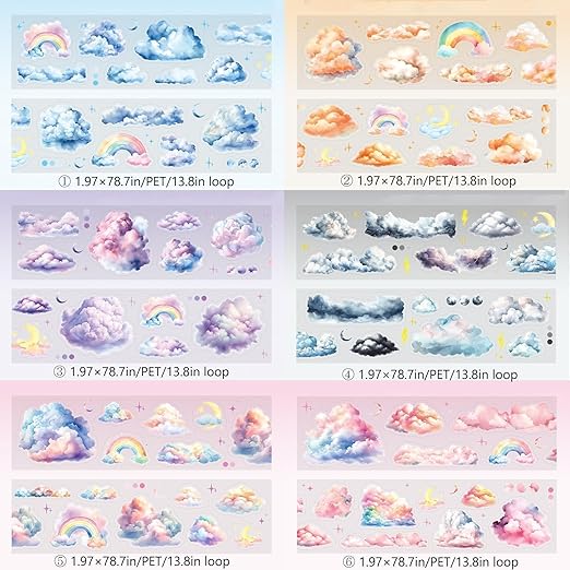 Cloud PET Tape Stickers for Scrapbooking Supplies, 6 Rolls Journal Stickers for Scrapbooking,Journaling, Junk Journal Supplies, DIY Crafts (Color)
