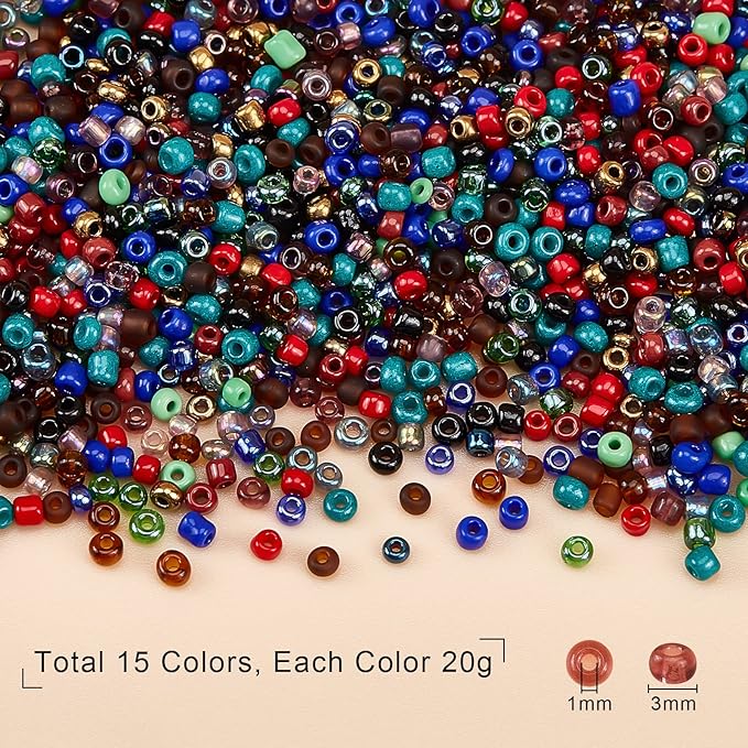 NBEADS 300g 15 Colors Glass Seed Beads 3mm, Opaque Glass Seed Round Pony Mini Spacer Loose Beads for DIY Craft Bracelet Necklace Jewelry Making