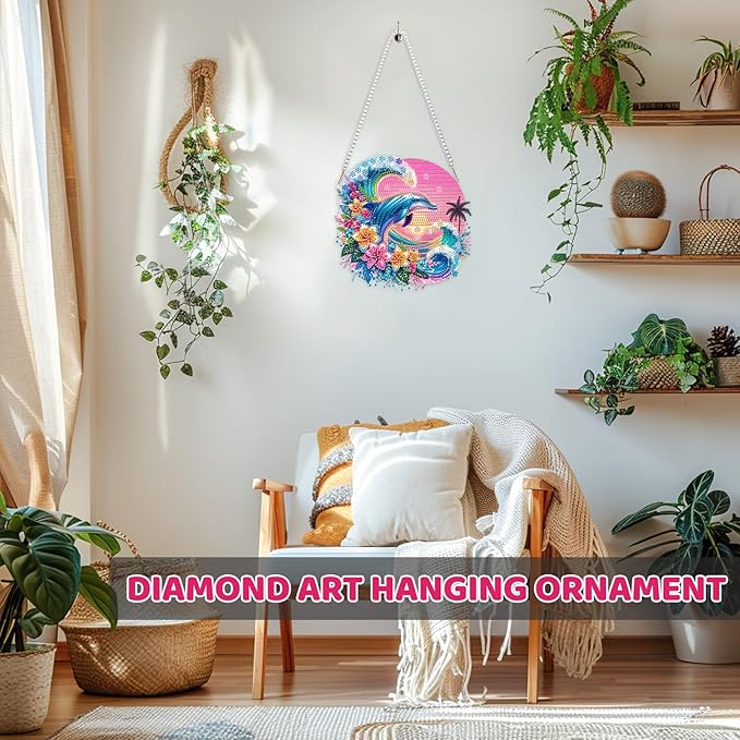 MEIYUDA Dolphins Diamond Art Hanging Kits for Adult, Ocean Dolphins Diamond Painting Hanging Kits Ornaments, DIY Special Shaped Rhinestone Window Pendants Kit for Home Garden Wall Decor Gift