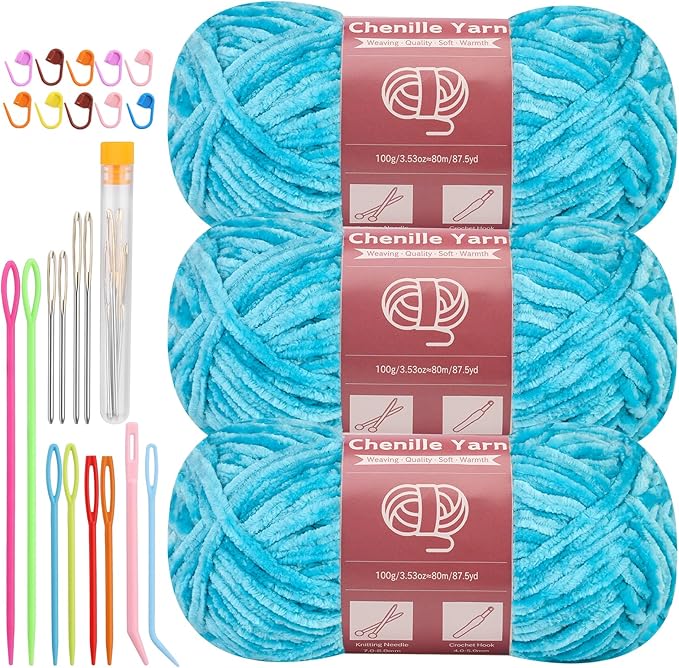LUNARM Chenille Yarn for Crocheting Knitting, 3 Skein 263 Yard Thick Soft Chunky Fluffy Weaving Plush Yarn for Blankets Clothes Pattern Creations with Big Eye Needles (Blue)