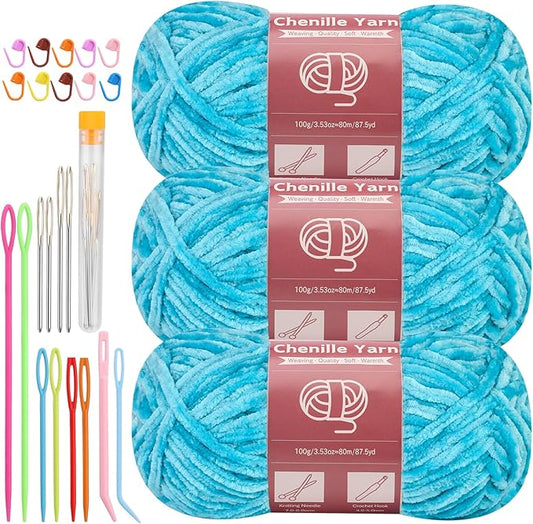 LUNARM Chenille Yarn for Crocheting Knitting, 3 Skein 263 Yard Thick Soft Chunky Fluffy Weaving Plush Yarn for Blankets Clothes Pattern Creations with Big Eye Needles (Blue)
