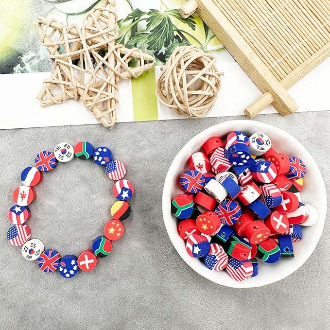 Flag Handmade Polymer Clay Beads, 100pcs Polymer Clay Spacer Beads for Women Jewelry Making DIY Charms Bracelet Necklace Hair Clip Accessories Handmade Craft