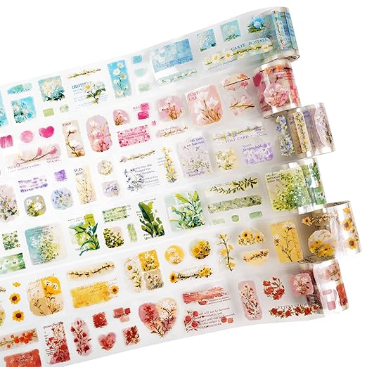 6 Rolls Floral Pre-Cut PET Sticker Tape Set, 1.97in x 78.7in Each, Vintage Botanicals & Script for Scrapbook Journals, Planners, DIY Décor