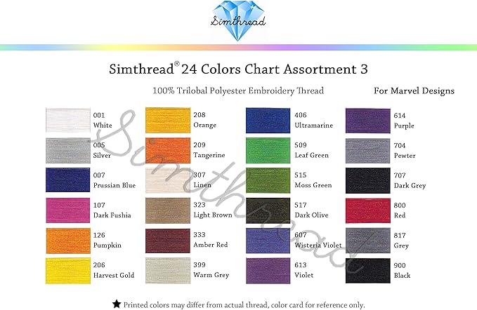 Simthread 1100 Yards 1000m miniking Spool 24 Assorted Colors Trilobal Polyester Embroidery Machine Thread for Special Designs on Most Home Embroidery Sewing Machines