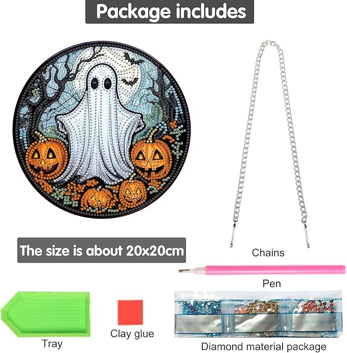 Bimkole Ghost Diamond Art Hanging Kit for Adult, DIY 5D Diamond Art Halloween Window Pendant, Acrylic Crystal Art Hanging Ornament Home Wall Garden Front Door Sign Outdoor Decor 7.8x7.8 Inch