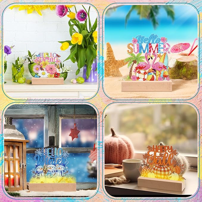 Chunful 13 Pcs Interchangeable Seasonal Diamond Art Tabletop Holiday Diamond Art Painting Kit with Wooden Light Base for Table Tiered Tray Home Office Tabletop Centerpiece Decor(Holiday)