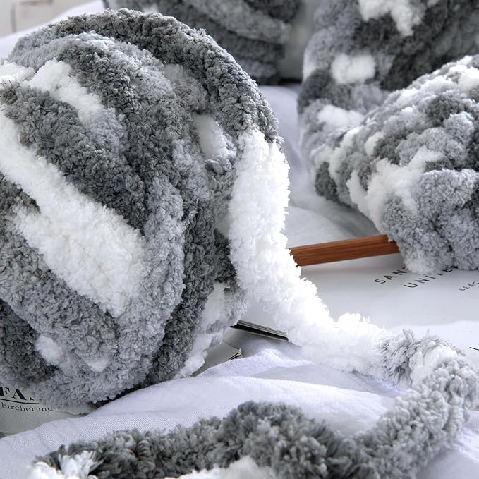 HOMBYS Chunky Tie Dye Mix Chenille Yarn for Hand Knitting, Super Bulky Jumbo Yarn for Crocheting, 3/4" Thick Soft Plush Yarn for Blankets, 8 Skein Pack (26 yds / 7.5 oz Each) Dark Grey Grey White