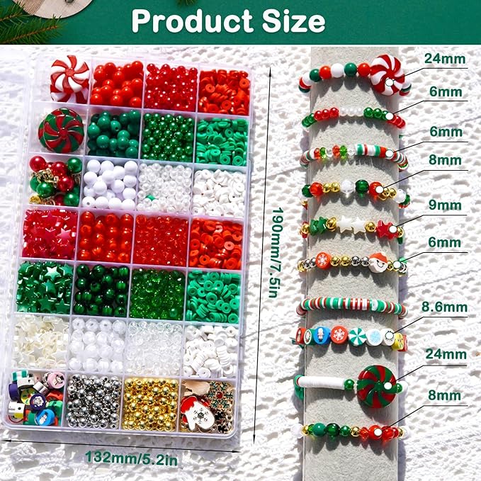 2370Pcs Christmas Beads for Bracelets Jewelry Making Kit, Christmas Tree Snowflake Charms Red Green Xmas Clay Bead Assorted Acrylic Crystal Round Pearl Star Spacer Bead for Necklace Earrings DIY Craft