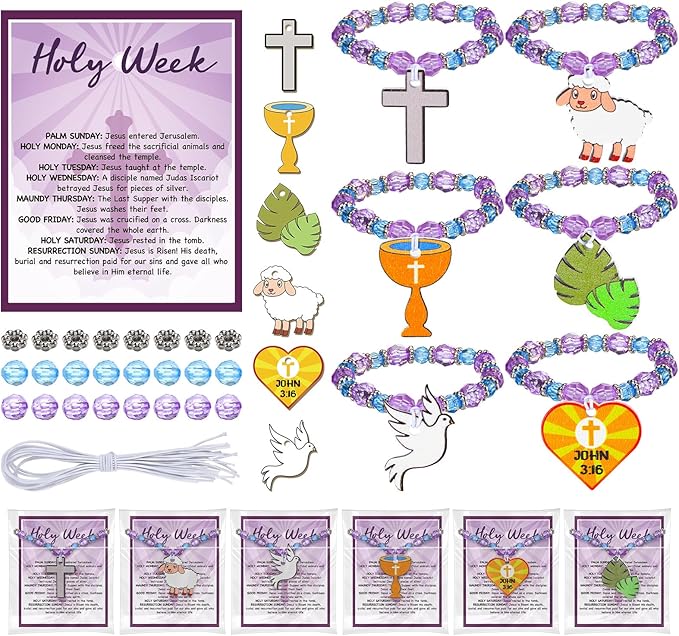 Liliaafar 24 Sets Easter Crafts Holy Week Bead Bracelet Craft Kits with Card Easter Party Favors DIY Holy Week Sunday Beaded Gifts Religious Christian Bracelet Kits for Spring Art Gifts