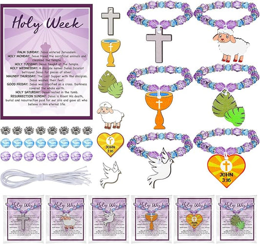 Liliaafar 24 Sets Easter Crafts Holy Week Bead Bracelet Craft Kits with Card Easter Party Favors DIY Holy Week Sunday Beaded Gifts Religious Christian Bracelet Kits for Spring Art Gifts