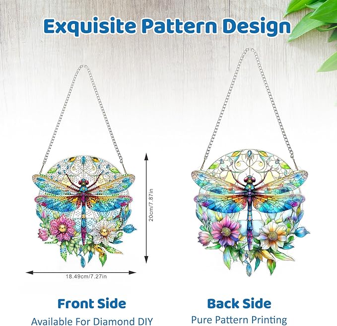 MEIYUDA Dragonfly Diamond Art Hanging Kits for Adult, Flowers Dragonfly Diamond Painting Hanging Kits Ornaments, DIY Special Shaped Rhinestone Window Pendants Kit for Home Garden Wall Decor Gift