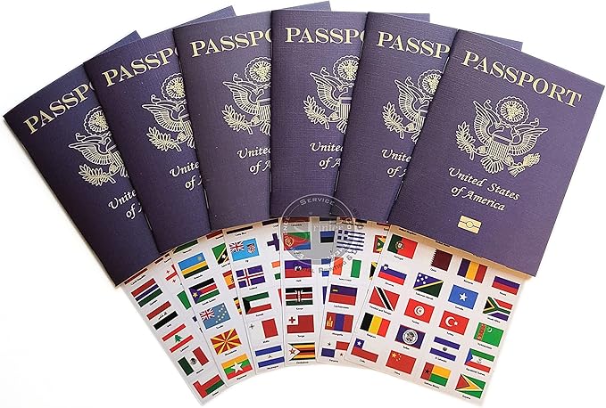 SJPRINTER Blank Passport Notebook | Pretend Passports | School Projects, Party favors, airplane toy, travel journal, geography, classroom social study (6Passports_6SetsFlags)