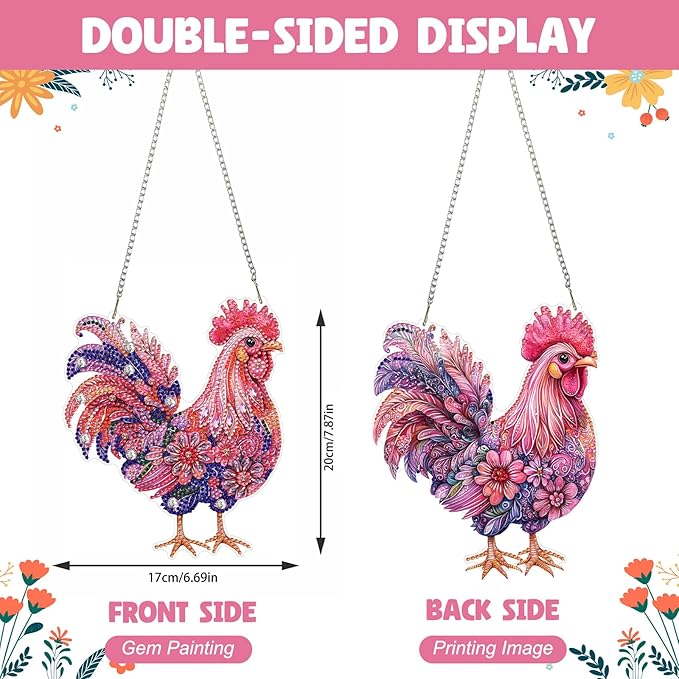 NAIMOER Diamond Art Hanging Kits for Adults Chicken 5D Special Shaped Rhinestone, DIY Acrylic Diamond Art Painting Window Pendants Home Garden Wall Hanging Ornament Kits, Double Sided