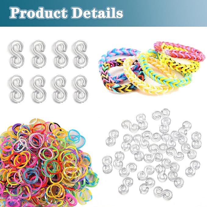 PUSNMI S Clips Rubber Band Clips 1000 Pieces Loom Rubber Band Clips Plastic Band Clips Connectors Refills Bracelet Kit Clip for Loom Bracelets DIY Making Refill Kit, Clear
