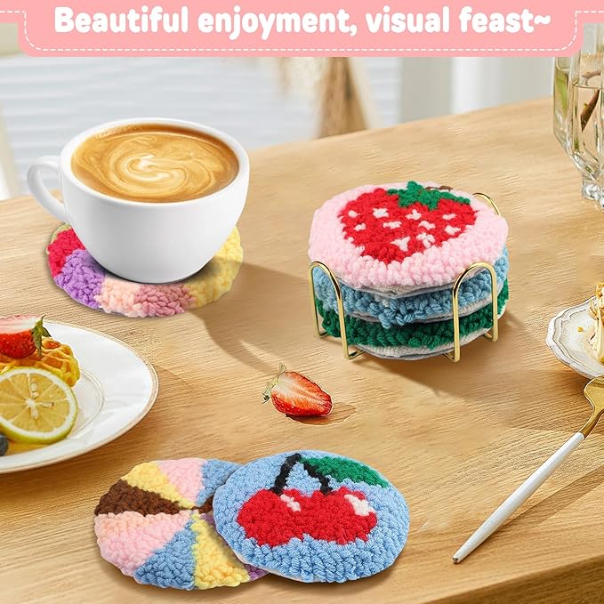 AIRDEA Punch Needle Drink Coasters Kit,Casual Punch Needle Embroidery Complete Kits for Beginner 3.29x3.29 Inches,Included All Accessories,DIY Car Coasters (Multicolored)
