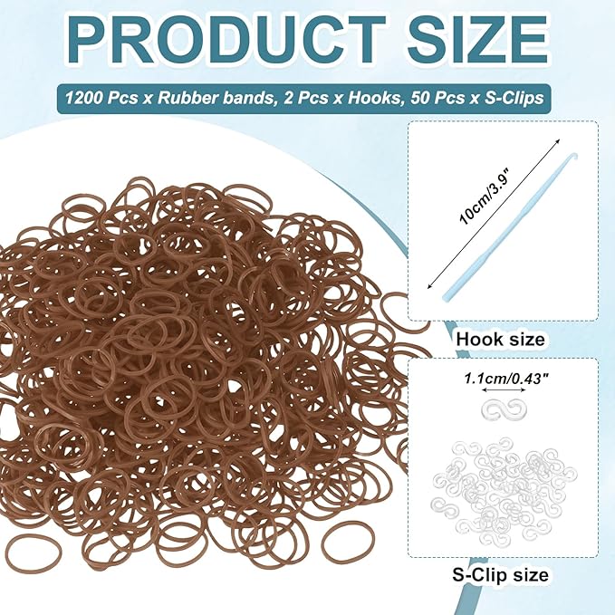 MECCANIXITY 1200 Pcs Loom Rubber Bands Kit with 50 Pcs S-Clips 2-Hooks Rubber Bands Refill Bracelet Making Kits for Weaving DIY Handcrafts Gift, Brown