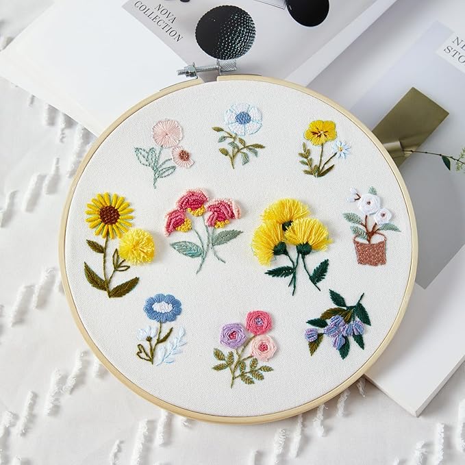 Embroidery Kit for Beginners Adults, Cute Flowers Embroidery Starter Kits, Floral Stamped Cross Stitch Kits for Beginner Adults Craft Kits for Women, Entire Set of Embroidery Supplies & Video Tutorial