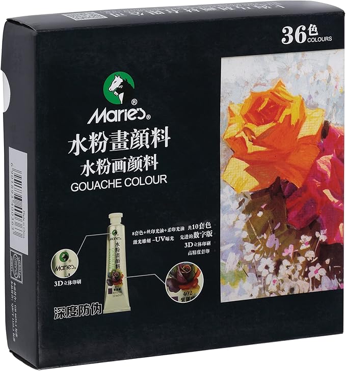 Marie's Artist Gouache Paint Sets - Highly Pigmented Gouache for Painting, Artists, Illustrators & Designers - Set of 36 Assorted Color Tubes (12mL/0.4oz)