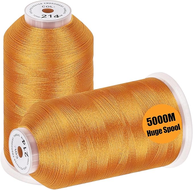 New brothread - 2 Huge Spools 5000M Each Polyester Embroidery Machine Thread 40WT for Commercial and Domestic Machines - Deep Gold