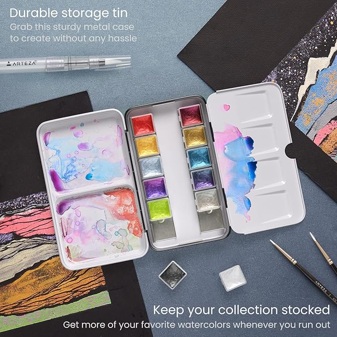 ARTEZA Watercolor Paint Set, 12 Metallic Watercolor Paints, Glitter Watercolor Paint in Half Pans, Travel Watercolor Set