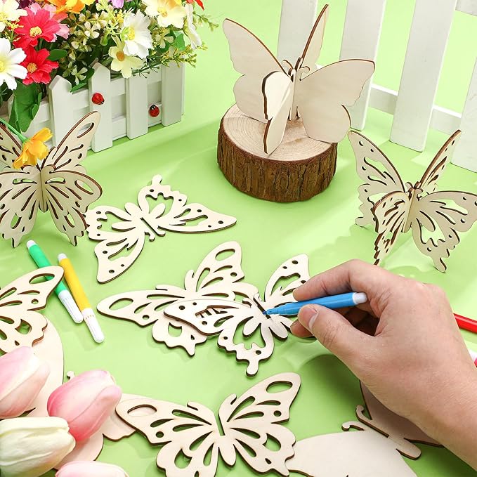 Blosssound 48 Pcs Spring Crafts Set 36 Wood Butterfly for Crafts 3D Butterfly Cutouts with 12 Colored Pens Wooden Unfinished Slices for Painting Summer Tiered Tray Tabletop Decor DIY Handmade