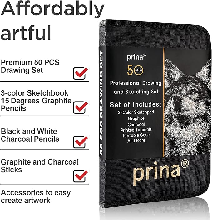 Prina 50 Pack Drawing Set Sketch Kit, Sketching Supplies with 3-Color Sketchbook, Graphite, and Charcoal Pencils, Pro Art Drawing Kit for Artists Adults Teens Beginner Kid, Ideal for Shading, Blending