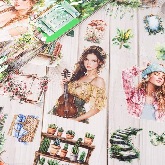 Stickers for Journaling, 20 Sheets Green Life Junk Journal Sticker, PET Washi Materials Scrapbooking Supplies for Adults, People Planner Transparent Decorative Art Crafts