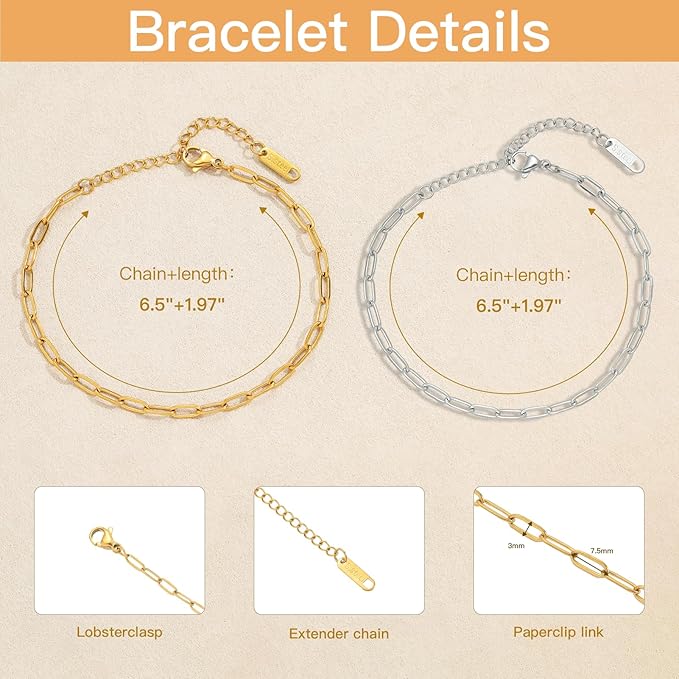 Swyabi 10 PCS Paperclip Chain Bracelet Kit 6.5 Inch Stainless Steel Charm Bulk Bracelets with Extender for DIY Jewelry Making (Gold + Steel）