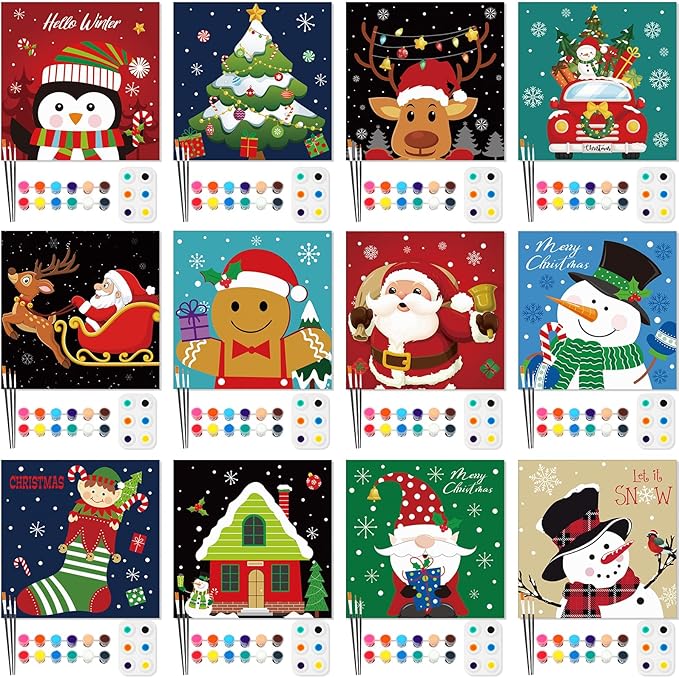Ctosree 12 Pack Pre Drawn Canvas Kit for Painting Sip and Art Paint Kit for Adults Pre Painted Canvas Party Favors for DIY Holiday Party Date Night Gifts (Cute Xmas,8 x 8 Inch)