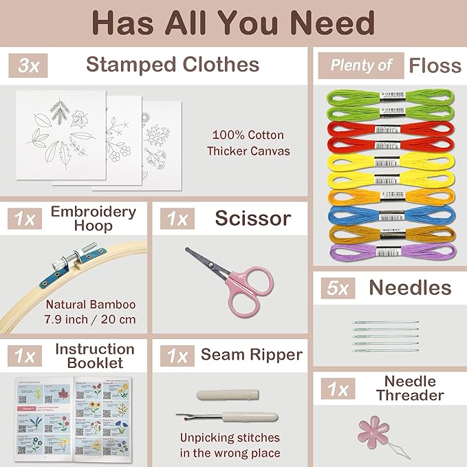 bradove 3 sets leaves and flowers embroidery kit for beginners, beginner embroidery kit for adults, learn to embroider kit adult beginner, stitches kit