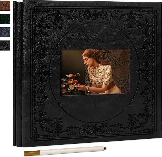 Vienrose Self Adhesive Faux Leather Photo Album with Window DIY Scrapbook Kit for 4x6 5x7 8x10 Pictures, Memory Book for Baby Kids Wedding Journal School Polaroid, 20 Sheets(40 Pages) Black