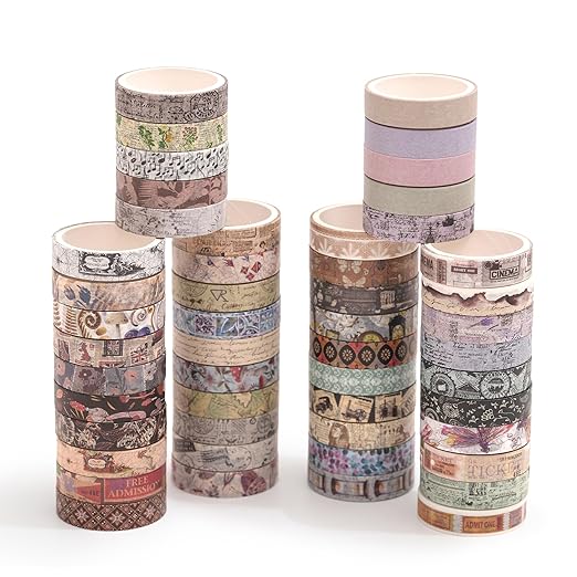 YUBBAEX Vintage Washi Tape Pack 50 Rolls Retro Printed Masking Tape Antique Patterns Decorative for Arts, DIY Crafts, Journal Supplies, Planners, Scrapbook, Card/Gift Wrapping