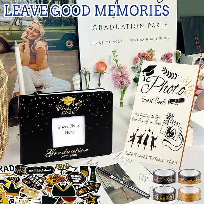 LUYI 8 Pcs Graduation Guest Book 2026, Graduation Decorations Party Favors Photo Guest Book Sign with Pen Stickers Washi Tape in Book Signature Memory Scrapbook for College Gift