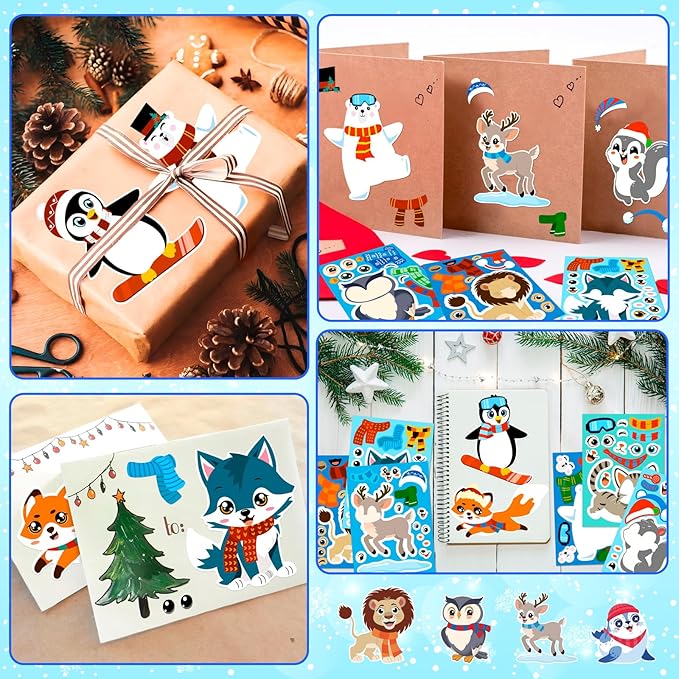 60sheets winter animal stickers crafts bulk, christmas make- a- penguin/fox/owl/reindeer face sticker holiday gifts goodie bag stuffer activity games party favors(small size)