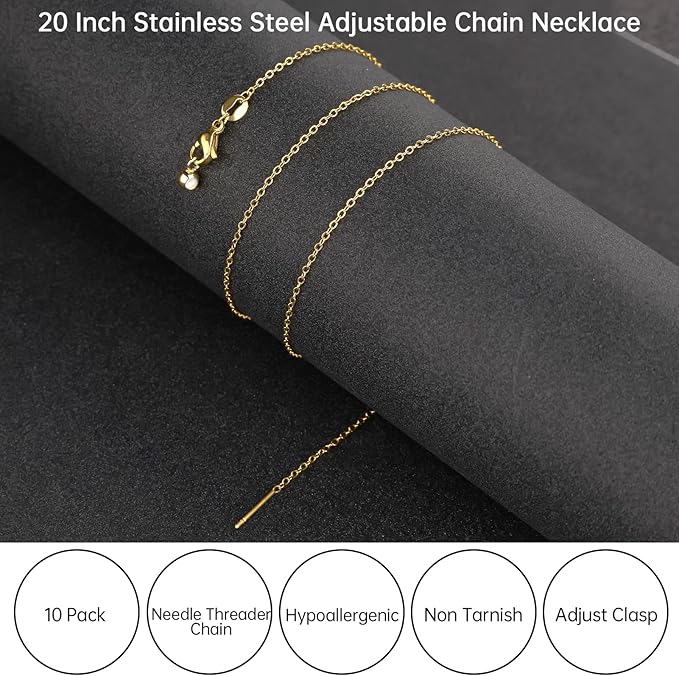 GTVOODX 10 Pack Gold Filled Necklace Chain Bulk Adjustable Stainless Steel Dainty Cable Chain for Jewelry Making with Rubber Stopper Beads