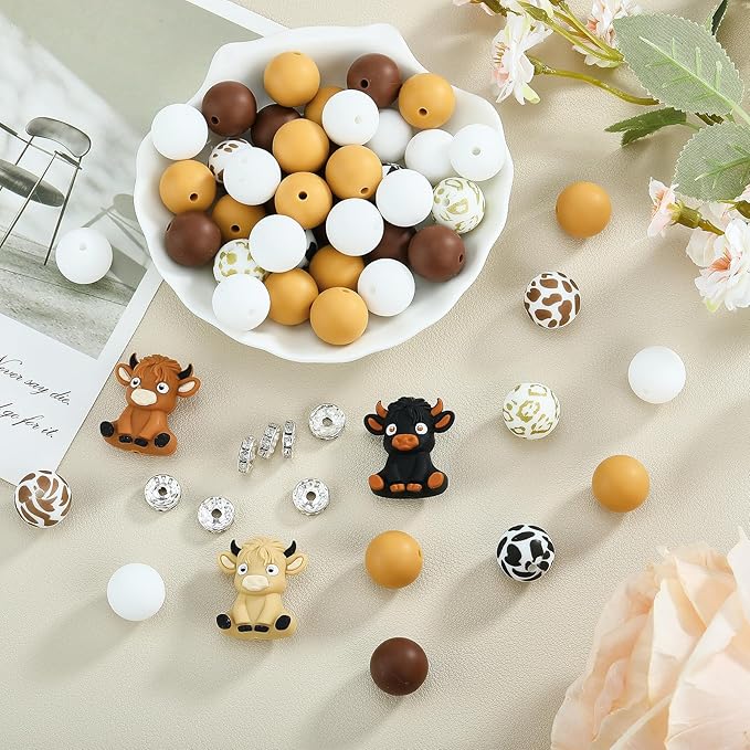 46 Pcs 15mm Silicone Round Beads Bulk for Keychain Bracelets Making and Other Handmade Crafts (Cow)