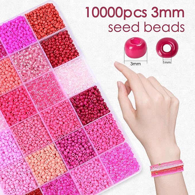 Vtssvow 3mm Glass Seed Beads for Bracelets Making, 24 Colors 10000pcs Friendship Bracelet Making Kit, Small Glass Beads for Jewelry Making (Mix 24 Color, Red and Pink)