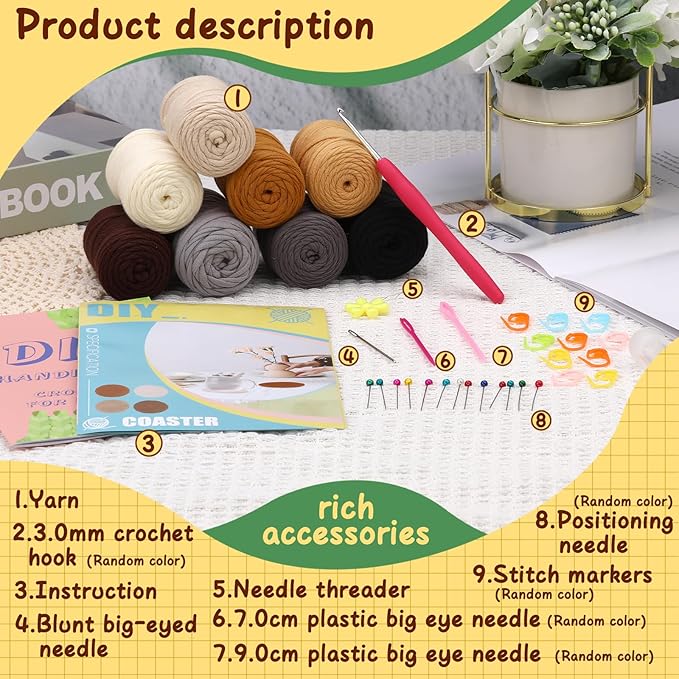 UzecPk Crochet Kit for Beginners, Crochet Kit, 8 Pcs Crochet Coasters Kits with Crochet Yarn, Crochet Hook, Step-by-Step Instructions Video, Crochet Supplies Set Craft Kits for Adults