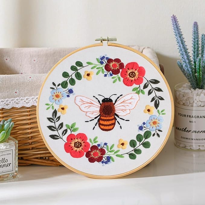 Santune 3 Pack Bee Embroidery Kit for Beginners Adult Cross Stitch Kits Hand Embroidery with Animal Patterns and Instructions,DIY Sets for Women with Hoop,Threads and Needles