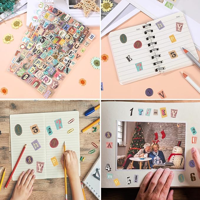 347PCS Vintage Stickers, 6 Sheet Scrapbook Stickers Graffiti, Cute Vintage Letters Numbers Self Adhesive Decals Scrapbooking Supplies for Diary DIY Art Album Paper Crafts
