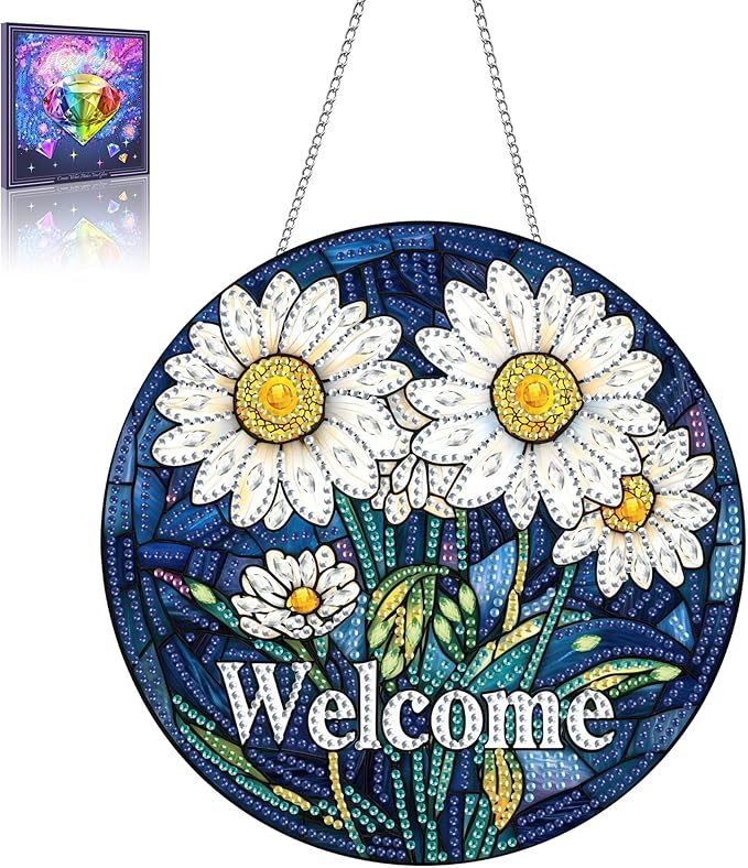 Wergund 5D DIY Welcome Diamond Art Hanging Kits, Hanging Diamond Art Daisy, Acrylic Special Shaped Rhinestone, Window Hanging Pendants for Home Wall Garden Front Door Outdoor Decor Gift(Welcome)