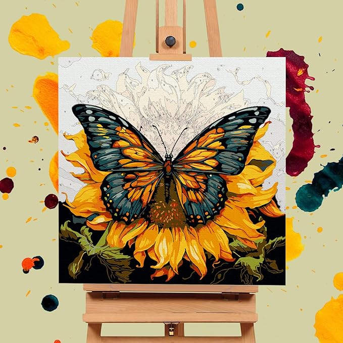 Framed Paint by Numbers Kit for Adults Beginners & Kids Ages 8-12, Butterfly Sunflower Acrylic Easy Paint by Number with Frame, Paint by Number Kits on Canvas Framed (10 * 10 Inch, without Easel)