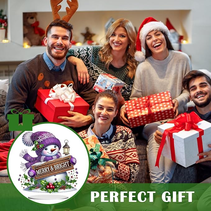 LAKEQUILL Christmas Diamond Painting Kits, Tabletop Ornament, Stand Up Diamond Art Desktop Kits for Home Office Decor, New Year Gift - Snowman (Purple)