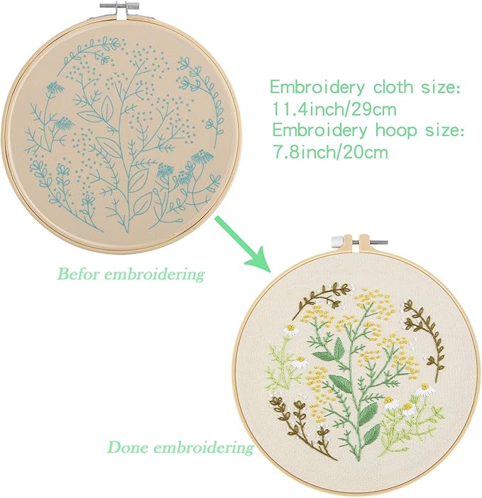 Picoey Embroidery Starters Kit with Pattern for Beginners, 4 Pack Cross Stitch Kits, 2 Wooden Embroidery Hoops,Scissors,Needles and Color Threads,Needlepoint Kit for Adults