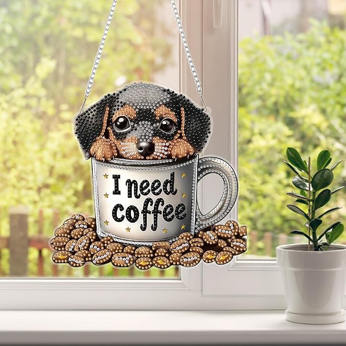 HEIBAGO Diamond Art Hanging Kits for Adults Kids, Hanging Diamond Art Dog, 5D Special Shaped Crystal Diamond Painting Kit Coffee, DIY Pattern Window Pendant for Home Wall Decor 8.3x8.3 Inch